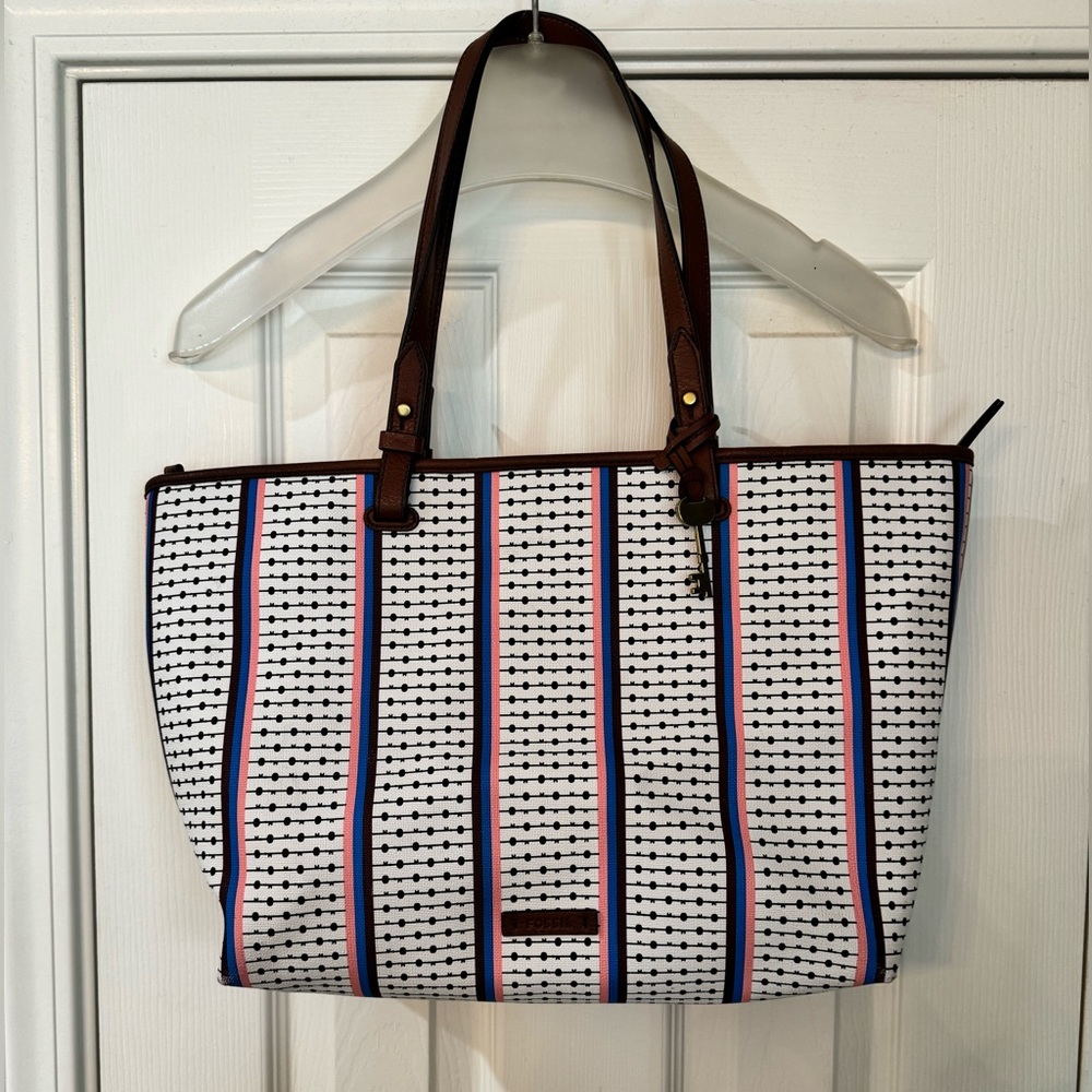 Fossil Rachel Zippered Tote Striped and Polka dot